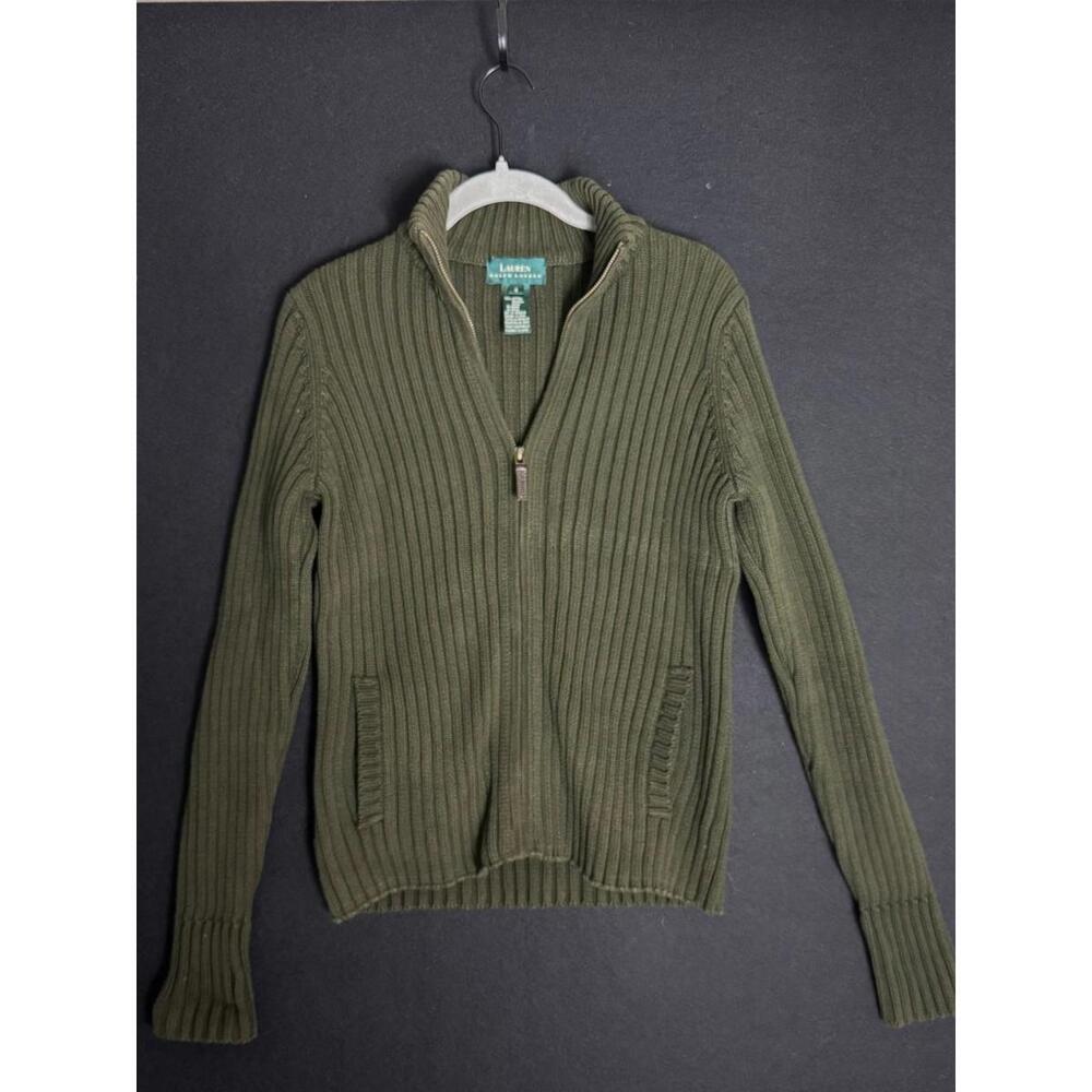 Lauren Ralph Lauren Cotton Chunky Knit Zipper Cardigan Preppy Old Money Classic